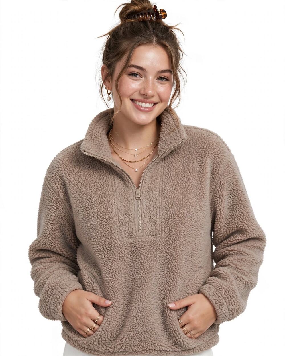 Koolaburra by Ugg Teddy Fleece Sherpa Quarter Zip Pullover Cozy Taupe Sweater S